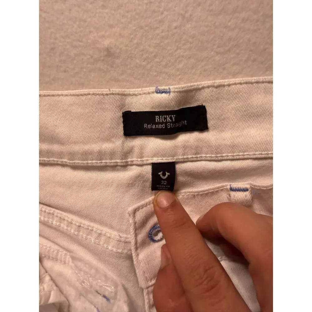 True Religion Ricky Relaxed Straight Denim Shorts White Blue Stitch Size 32